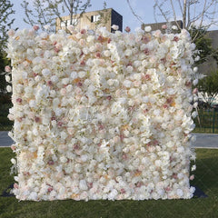 Aperturee - Aperturee Lush White and Pink Artificial Flower Wall Elegant Roses and Orchids Backdrop for Wedding and Party Decor