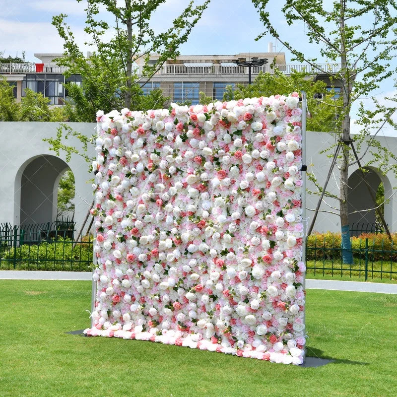 Aperturee - Aperturee Lush White and Pink Rose Artificial Flower Wall Elegant Floral Backdrop for Wedding Party Decor