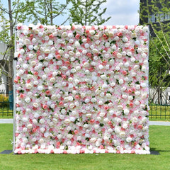 Aperturee - Aperturee Lush White and Pink Rose Artificial Flower Wall Elegant Floral Backdrop for Wedding Party Decor