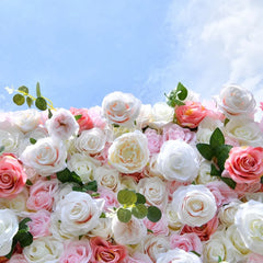 Aperturee - Aperturee Lush White and Pink Rose Artificial Flower Wall Elegant Floral Backdrop for Wedding Party Decor