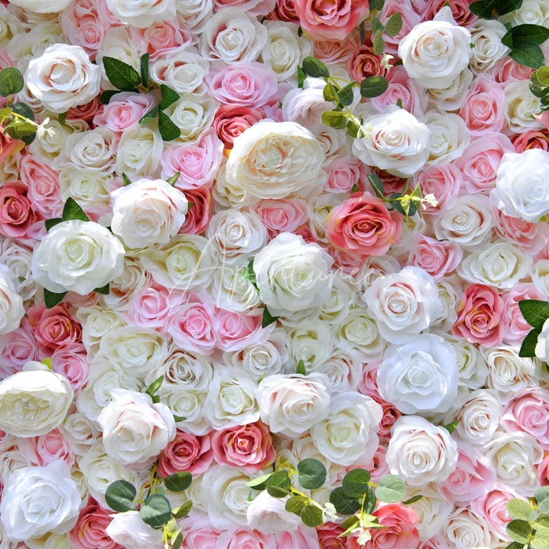 Aperturee - Aperturee Lush White and Pink Rose Artificial Flower Wall Elegant Floral Backdrop for Wedding Party Decor