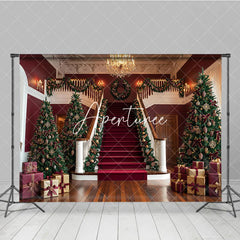 Aperturee - Aperturee Luxurious Christmas Holiday Backdrop with Grand Staircase Red Carpet Decorated Trees and Festive Garlands.
