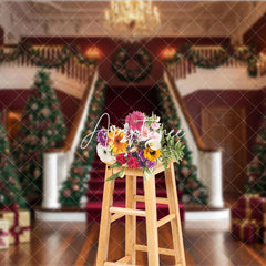 Aperturee - Aperturee Luxurious Christmas Holiday Backdrop with Grand Staircase Red Carpet Decorated Trees and Festive Garlands.