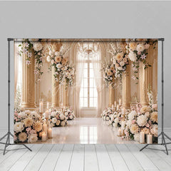 Aperturee - Aperturee Luxurious Cream Gold Floral Photography Backdrop with Arched Window Elegant Wedding and Engagement Party Decor