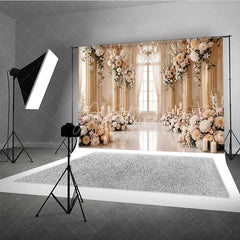 Aperturee - Aperturee Luxurious Cream Gold Floral Photography Backdrop with Arched Window Elegant Wedding and Engagement Party Decor