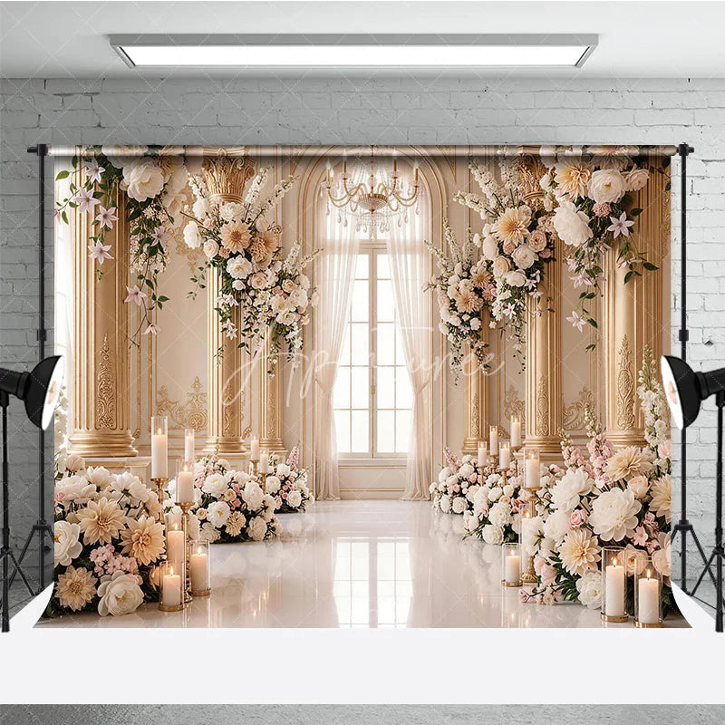 Aperturee - Aperturee Luxurious Cream Gold Floral Photography Backdrop with Arched Window Elegant Wedding and Engagement Party Decor