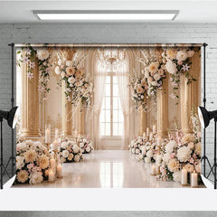 Aperturee - Aperturee Luxurious Cream Gold Floral Photography Backdrop with Arched Window Elegant Wedding and Engagement Party Decor