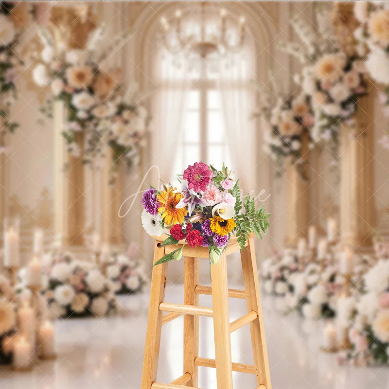 Aperturee - Aperturee Luxurious Cream Gold Floral Photography Backdrop with Arched Window Elegant Wedding and Engagement Party Decor