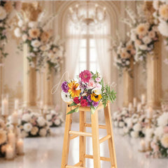 Aperturee - Aperturee Luxurious Cream Gold Floral Photography Backdrop with Arched Window Elegant Wedding and Engagement Party Decor