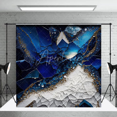 Aperturee - Aperturee Luxurious Deep Blue and White Abstract Photography Backdrop Gold Glitter Crystal Geode Design for Studio
