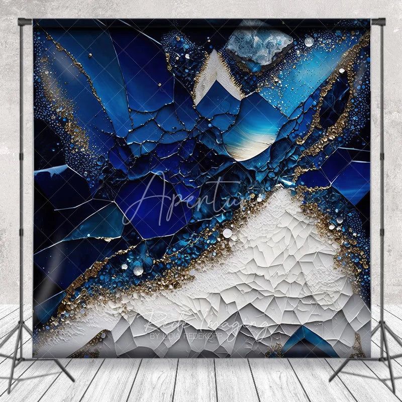 Aperturee - Aperturee Luxurious Deep Blue and White Abstract Photography Backdrop Gold Glitter Crystal Geode Design for Studio