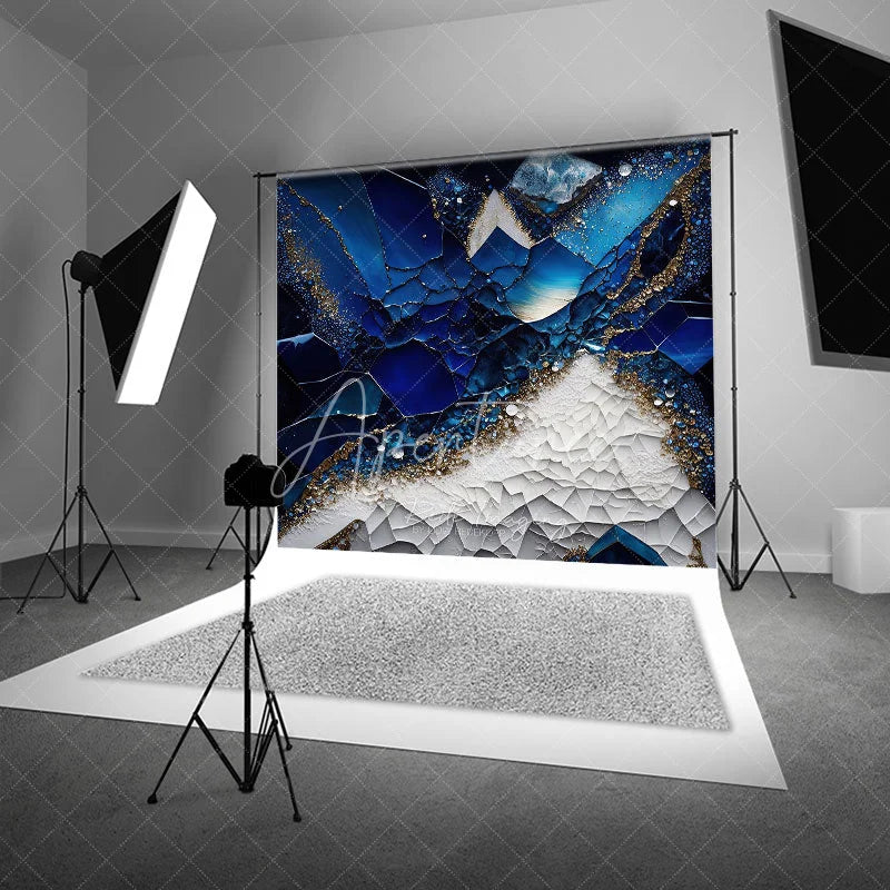 Aperturee - Aperturee Luxurious Deep Blue and White Abstract Photography Backdrop Gold Glitter Crystal Geode Design for Studio