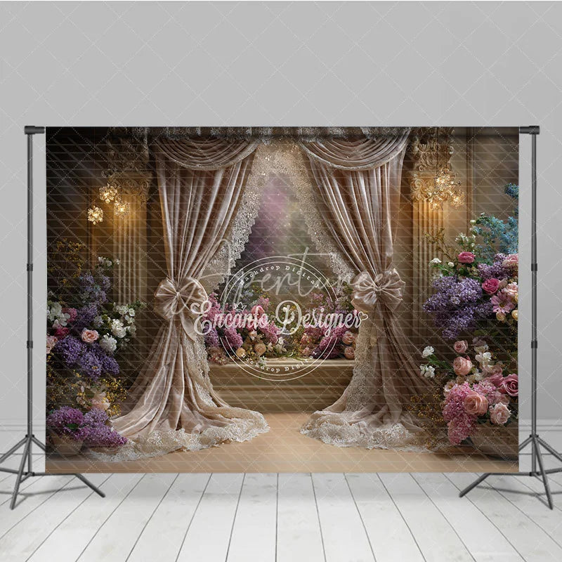 Aperturee - Aperturee Luxurious Floral Photography Backdrop with Elegant Beige Curtains Romantic Flowers and Sparkling Chandeliers