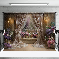 Aperturee - Aperturee Luxurious Floral Photography Backdrop with Elegant Beige Curtains Romantic Flowers and Sparkling Chandeliers