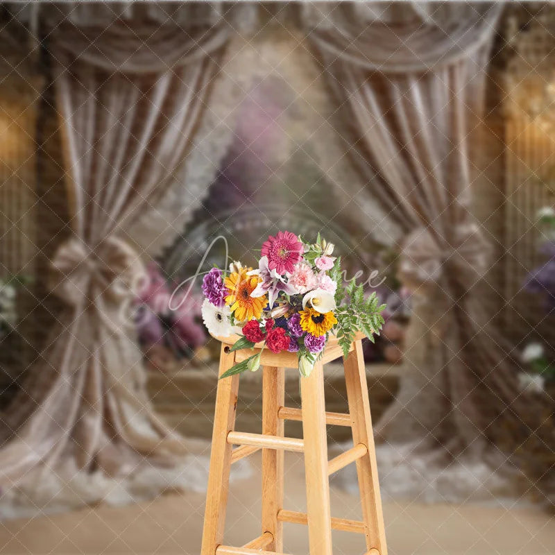 Aperturee - Aperturee Luxurious Floral Photography Backdrop with Elegant Beige Curtains Romantic Flowers and Sparkling Chandeliers