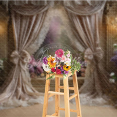 Aperturee - Aperturee Luxurious Floral Photography Backdrop with Elegant Beige Curtains Romantic Flowers and Sparkling Chandeliers