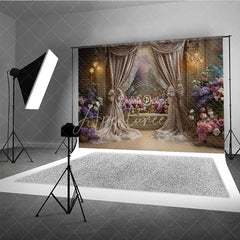 Aperturee - Aperturee Luxurious Floral Photography Backdrop with Elegant Beige Curtains Romantic Flowers and Sparkling Chandeliers