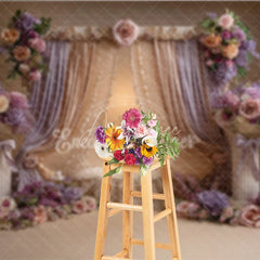 Aperturee - Aperturee Luxurious Gold and Lavender Drapes Photography Backdrop Elegant Floral Arrangements for Portraits