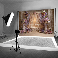Aperturee - Aperturee Luxurious Gold and Lavender Drapes Photography Backdrop Elegant Floral Arrangements for Portraits