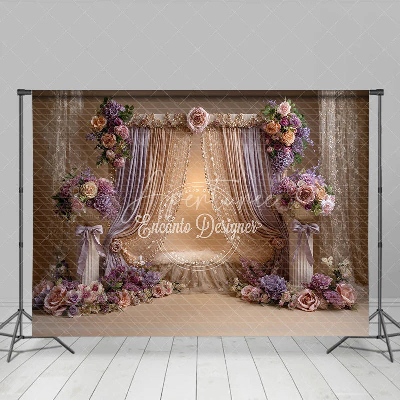 Aperturee - Aperturee Luxurious Gold and Lavender Drapes Photography Backdrop Elegant Floral Arrangements for Portraits