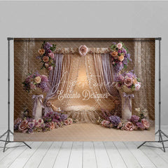 Aperturee - Aperturee Luxurious Gold and Lavender Drapes Photography Backdrop Elegant Floral Arrangements for Portraits