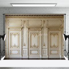 Aperturee - Aperturee Luxurious Gold Ornate Molding and Paneling Classic Baroque Photography Backdrop Elegant Cream Wall Decor for Portraits