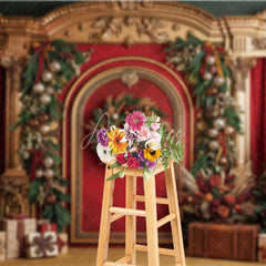 Aperturee - Aperturee Luxurious Golden Arch Red Velvet Christmas Trees Holiday Backdrop Festive Garlands and Wreath Decor