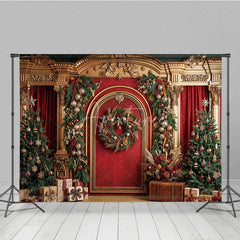 Aperturee - Aperturee Luxurious Golden Arch Red Velvet Christmas Trees Holiday Backdrop Festive Garlands and Wreath Decor