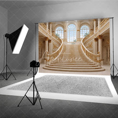 Aperturee - Aperturee Luxurious Grand Palace Gold Double Staircase Photography Backdrop Elegant Architectural Interior Scene for Photo