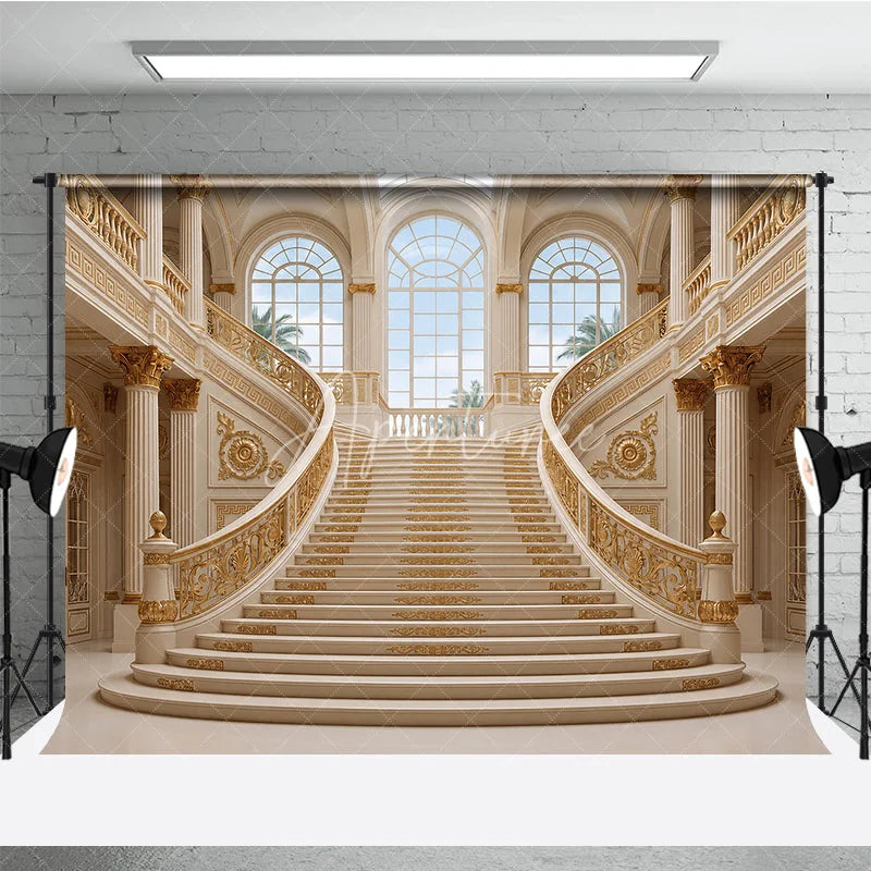 Aperturee - Aperturee Luxurious Grand Palace Gold Double Staircase Photography Backdrop Elegant Architectural Interior Scene for Photo