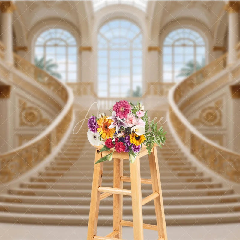 Aperturee - Aperturee Luxurious Grand Palace Gold Double Staircase Photography Backdrop Elegant Architectural Interior Scene for Photo