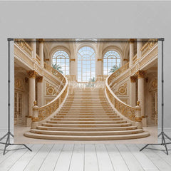 Aperturee - Aperturee Luxurious Grand Palace Gold Double Staircase Photography Backdrop Elegant Architectural Interior Scene for Photo
