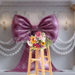 Aperturee - Aperturee Luxurious Magenta Bow and Pearl Garland Photography Backdrop Elegant White Column and Floral Decor for Parties