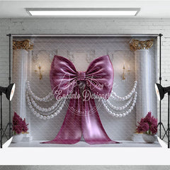 Aperturee - Aperturee Luxurious Magenta Bow and Pearl Garland Photography Backdrop Elegant White Column and Floral Decor for Parties