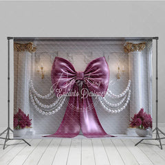 Aperturee - Aperturee Luxurious Magenta Bow and Pearl Garland Photography Backdrop Elegant White Column and Floral Decor for Parties