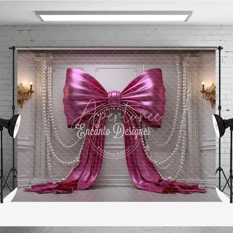 Aperturee - Aperturee Luxurious Pink Satin Bow and Pearl Photography Backdrop White Wall Panel for Birthday Party Decor