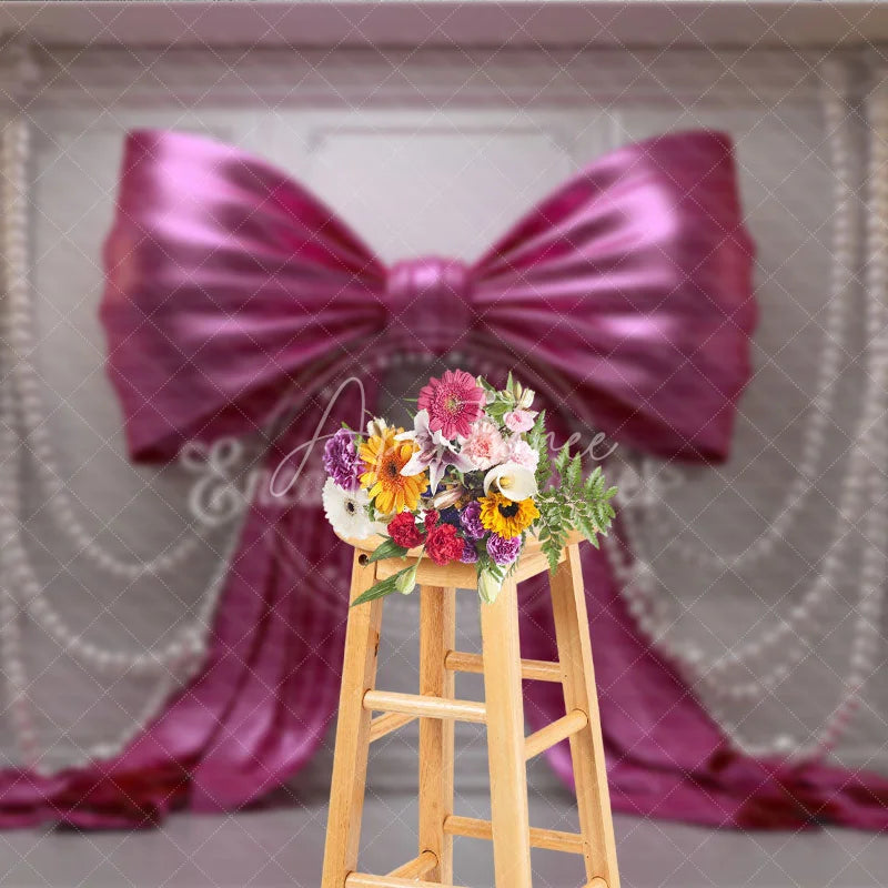 Aperturee - Aperturee Luxurious Pink Satin Bow and Pearl Photography Backdrop White Wall Panel for Birthday Party Decor
