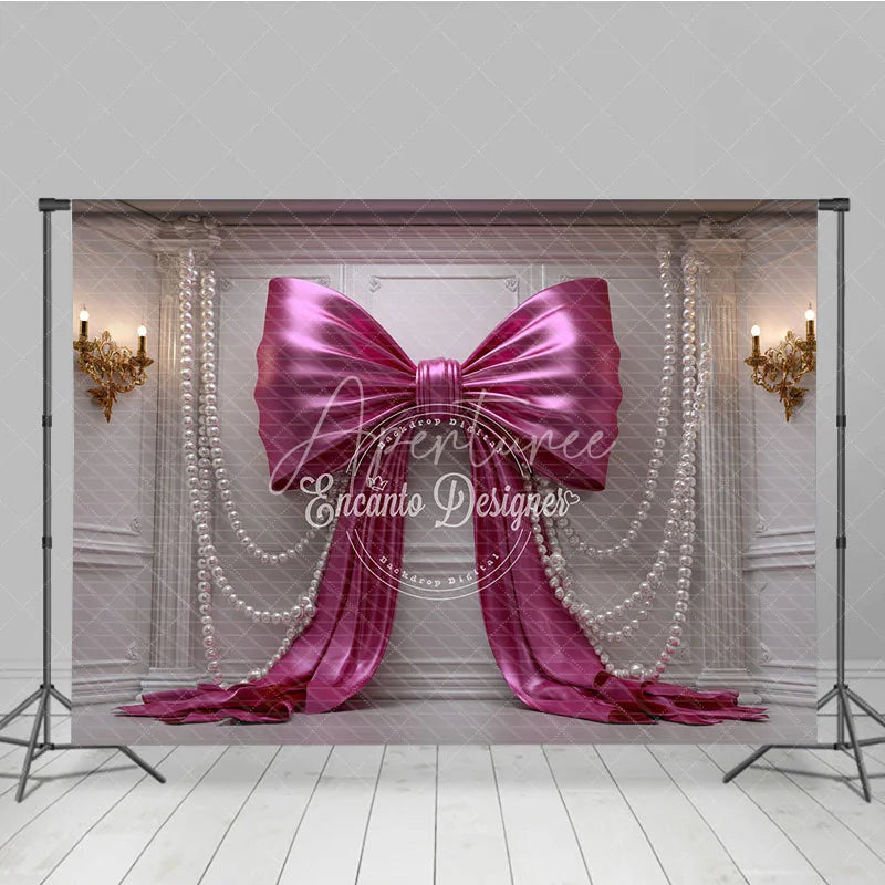 Aperturee - Aperturee Luxurious Pink Satin Bow and Pearl Photography Backdrop White Wall Panel for Birthday Party Decor