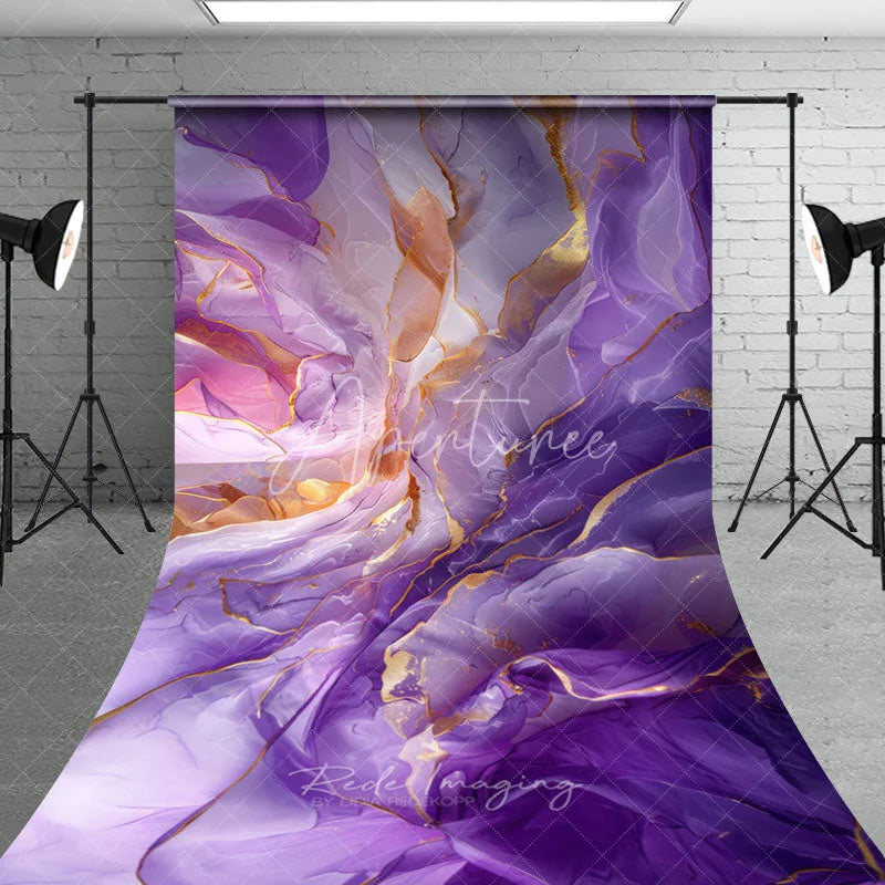 Aperturee - Aperturee Luxurious Purple and Gold Abstract Fluid Art Sweep Backdrop Elegant Marble Texture Photography Decor