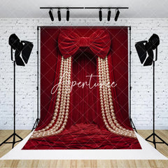 Aperturee - Aperturee Luxurious Red Velvet Curtain Photography Backdrop with Large Bow and Cascading Pearl Strings Elegant Party Decor