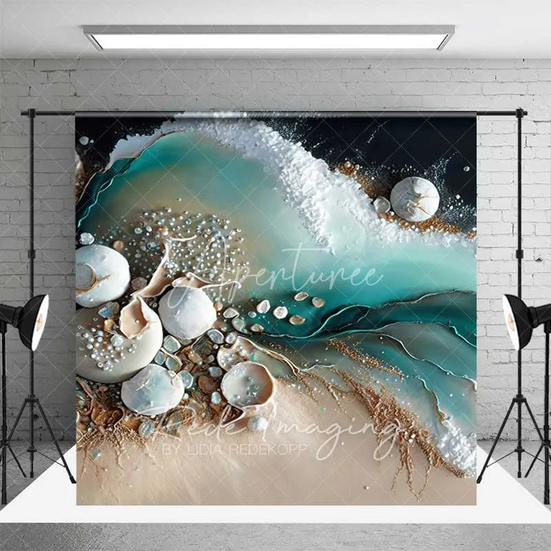 Aperturee - Aperturee Luxury Abstract Ocean Waves Golden Starfish Seashells Room Set Backdrop Beach Photography Studio Decor