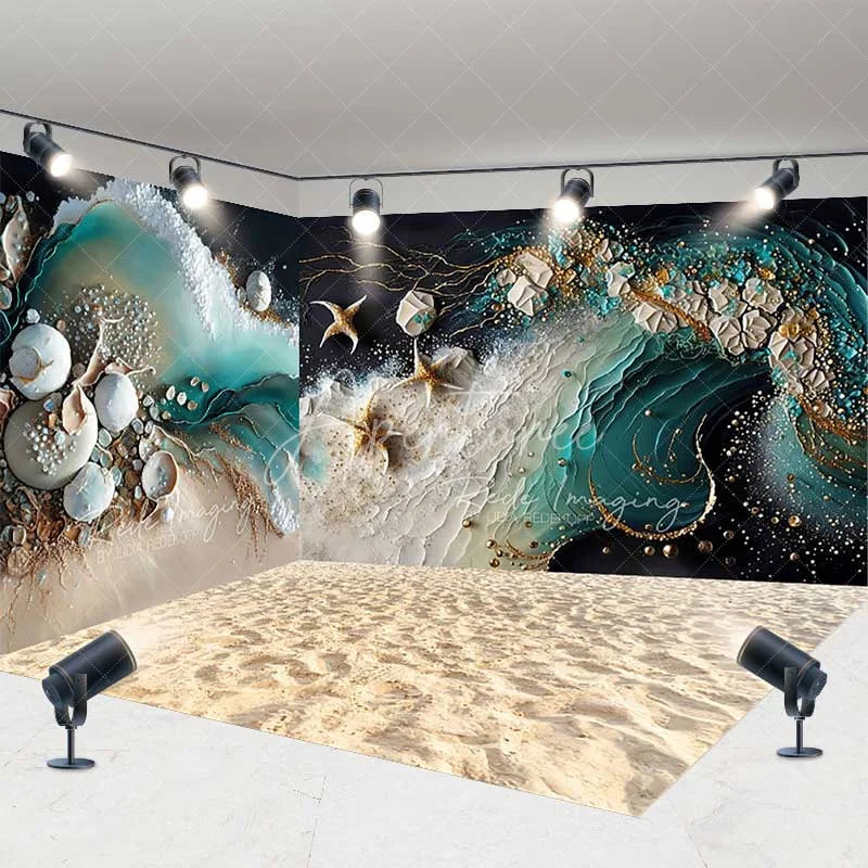 Aperturee - Aperturee Luxury Abstract Ocean Waves Golden Starfish Seashells Room Set Backdrop Beach Photography Studio Decor