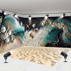 Aperturee - Aperturee Luxury Abstract Ocean Waves Golden Starfish Seashells Room Set Backdrop Beach Photography Studio Decor