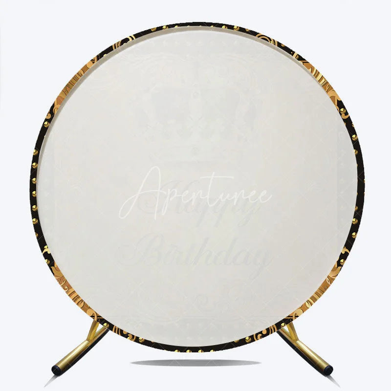 Aperturee - Aperturee Luxury Black Gold Crown Happy Birthday Round Backdrop Royal Filigree Party Decoration for Celebration