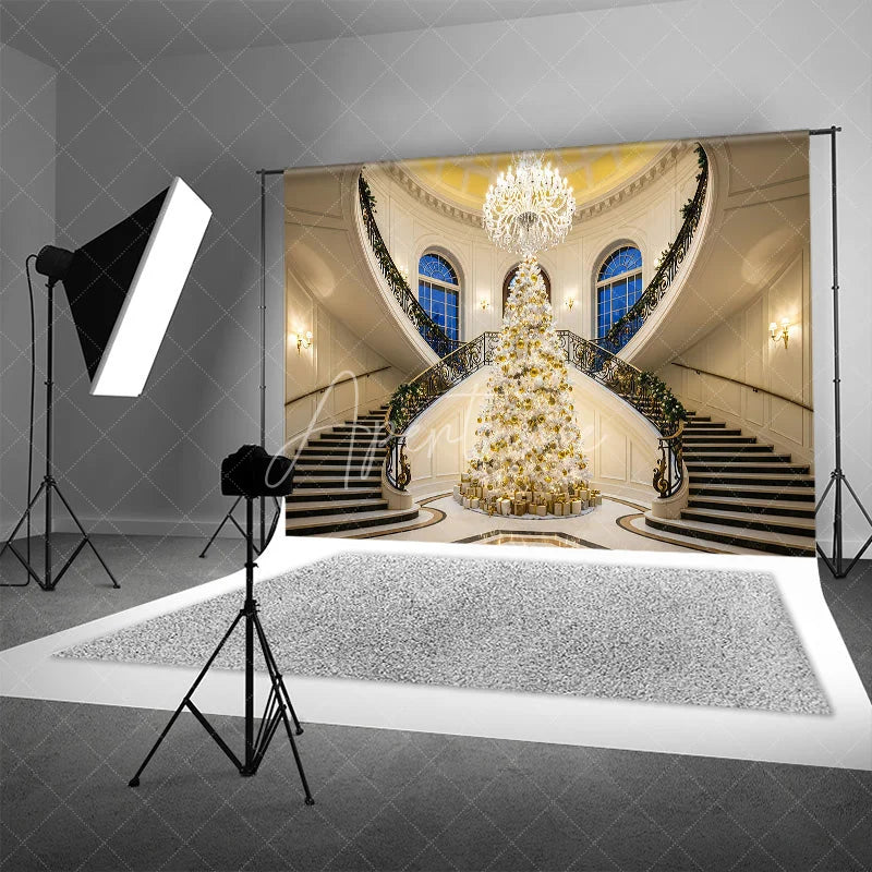 Aperturee - Aperturee Luxury Christmas Backdrop Grand Staircase White Tree Photography Background Mansion Interior Holiday Party Decoration