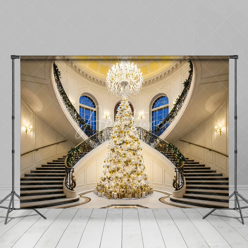 Aperturee - Aperturee Luxury Christmas Backdrop Grand Staircase White Tree Photography Background Mansion Interior Holiday Party Decoration