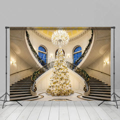 Aperturee - Aperturee Luxury Christmas Backdrop Grand Staircase White Tree Photography Background Mansion Interior Holiday Party Decoration