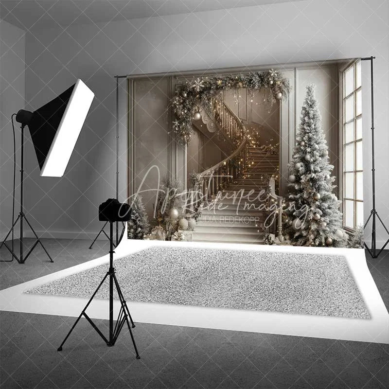 Aperturee - Aperturee Luxury Christmas Interior Backdrop Elegant Staircase Garland Lights Tall Pine Tree Room Photo Background