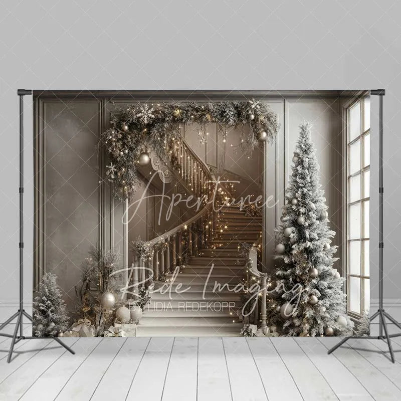 Aperturee - Aperturee Luxury Christmas Interior Backdrop Elegant Staircase Garland Lights Tall Pine Tree Room Photo Background
