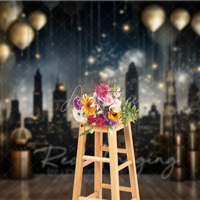 Aperturee - Aperturee Luxury City Night Skyline Backdrop Golden Balloons and Cityscape Photography Background for Gala